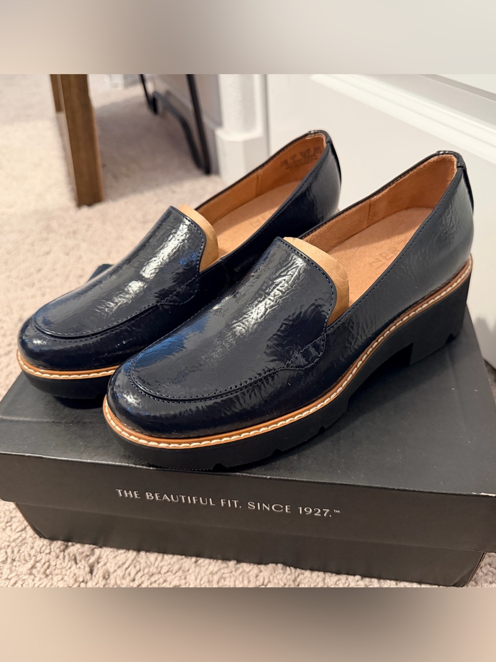 Naturalizer Patent Loafer in Navy with Tan Trim